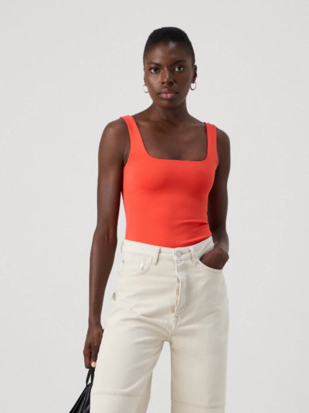 Good American Coral-Red Square Neck Tank Bodysuit
